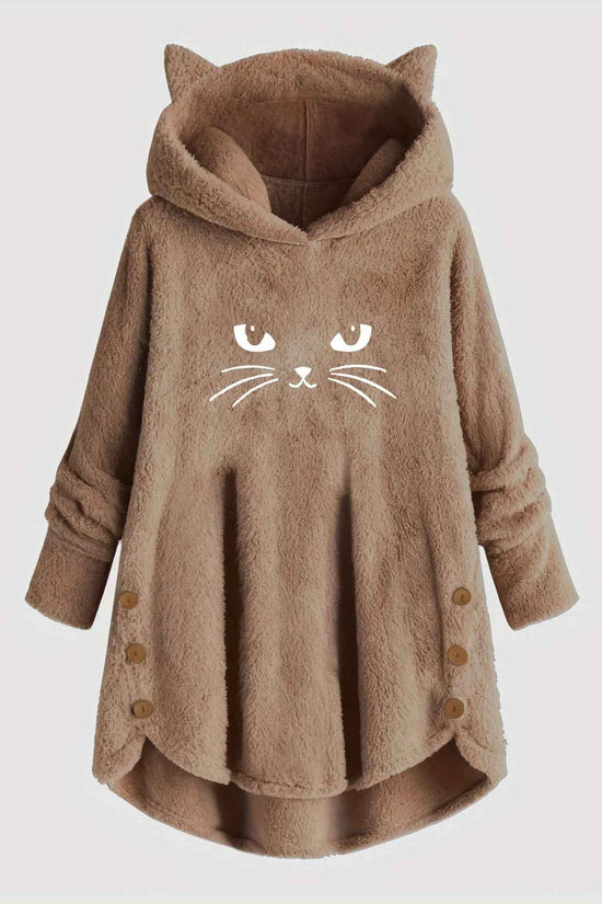 Plus Size, Women's Plus Size Cat Print Button Detail Hem Plush Casual Long Sleeve Hooded Sweatshirt