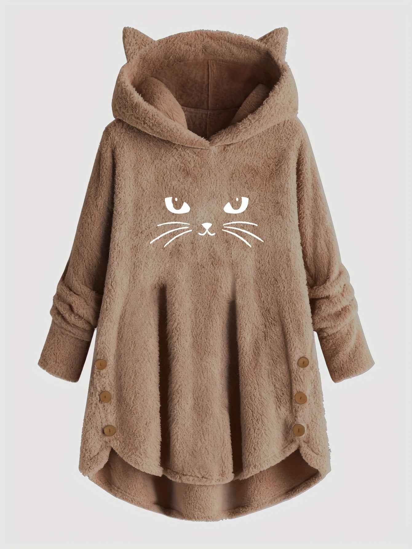 Plus Size, Women's Plus Size Cat Print Button Detail Hem Plush Casual Long Sleeve Hooded Sweatshirt