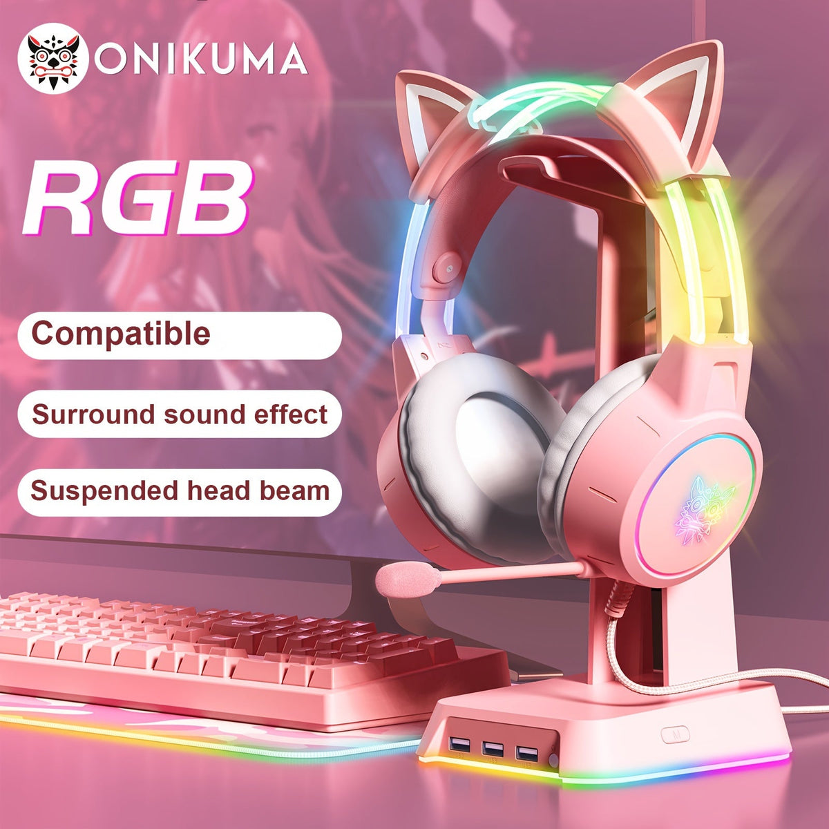 ONIKUMA Pink Cat Ear Gaming Headset with RGB Illuminated Headband, Detachable Flexible Mic, and Volume Controls - USB Powered Wired Over-Ear Headphones for PC Gamers, Gaming Headphones SS69 36.69 Pink+cat ear