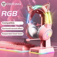 ONIKUMA Pink Cat Ear Gaming Headset with RGB Illuminated Headband, Detachable Flexible Mic, and Volume Controls - USB Powered Wired Over-Ear Headphones for PC Gamers, Gaming Headphones SS69 36.69 Pink+cat ear