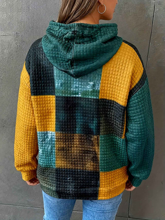 [Comfortable Casual Outfits] Plus Size Hoodie - Women's Color Block Pullover, Green/Yellow/Brown, Drawstring Hood & Front Pocket, Loose Fit Long Sleeve Sweatshirt for Fall/Winter