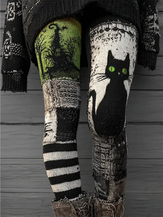 Women'S Gothic Black & Green Halloween Leggings - Stretch Slim Fit Full-Length Pants with Bat, Witch, Skull & Haunted House Print - Machine Washable Retro Style Spooky Party Costume for Masquerade, Themed Events & Casual Wear SS69
