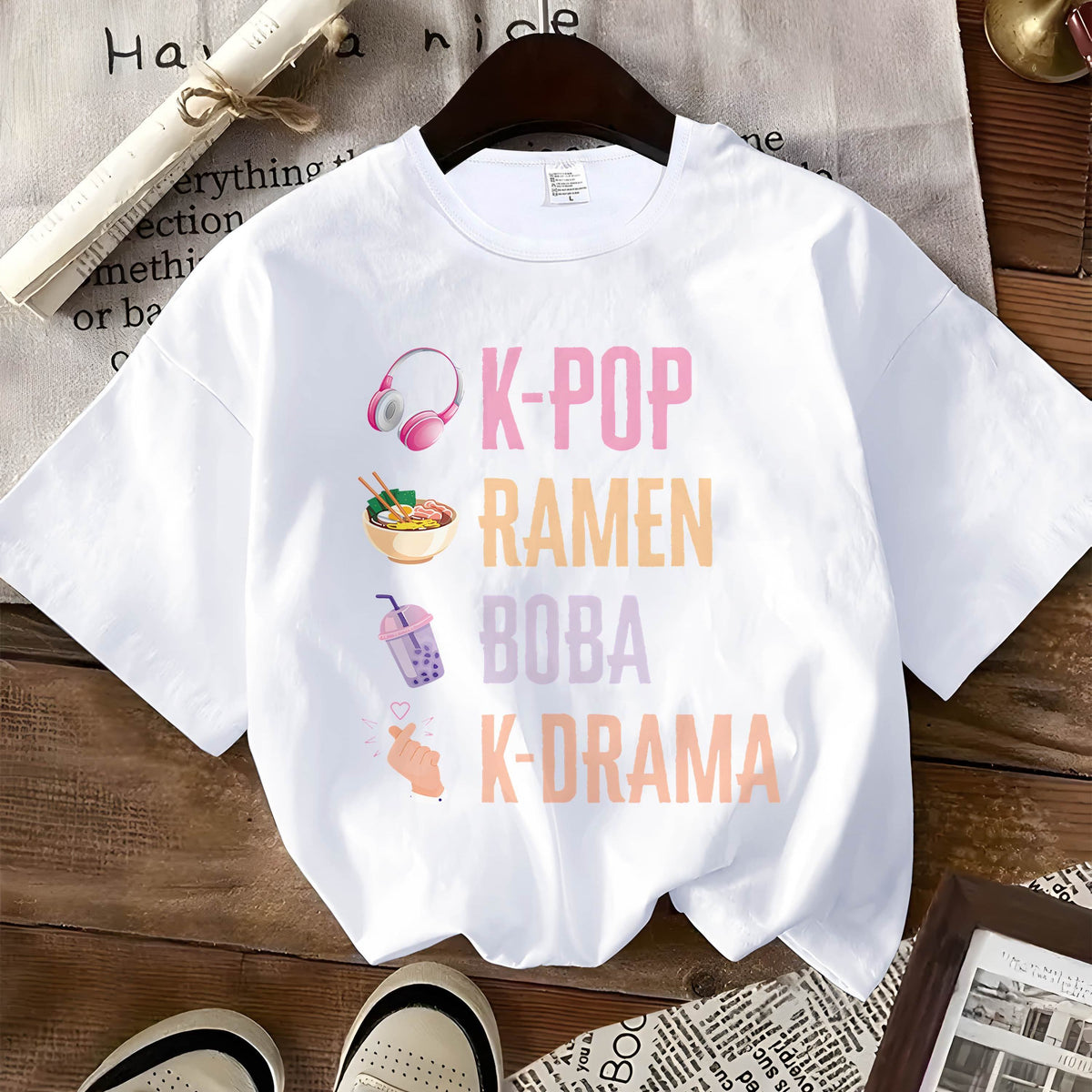 T-Shirt in 3 Colors - 180G [Popular Trendy Print] K-Pop Hand Symbol Kpop Ramen Bubble Tea Boba, Featuring a Printed Design on a Women'S Loose Round Neck Sweatshirt Hoodie, Long Sleeve T-Shirt Suitable for Casual Wear for Wome SS69 12.69 White / XXL