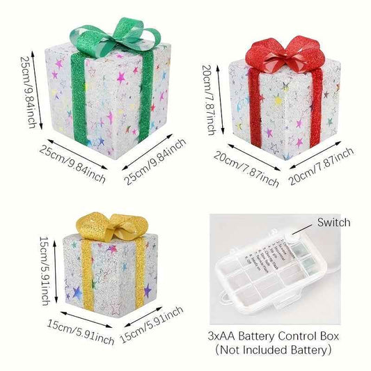 3pcs Lighted Christmas Gift Box Set with Warm LED Lights & Snowy Ribbon Bows - Battery-Powered Indoor/Outdoor Plastic Decorations with Stake Installation, Classic Winter Design for Xmas Tree, Yard, Home - Cordless Holiday Dec