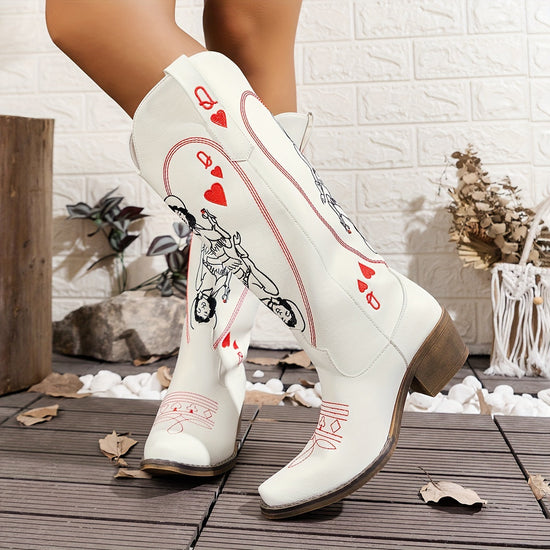 Vintage Style Comfortable Chic Women's Embroidered Western Cowboy Boots - Square Toe, Chunky Heel, Slip-On, Faux Cover for All Seasons SS69 44.69 US 11 / White