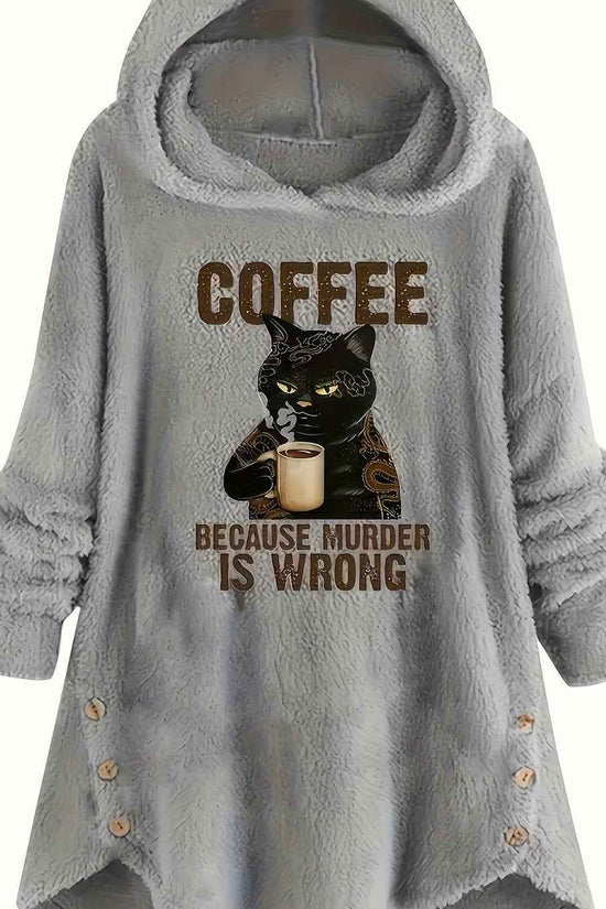 Plus Size - Women'S Plus Size Casual Teddy Hoodie with Cat Ears and Button Details | Long Sleeve, Asymmetrical Hem, Fall/Winter, Animal Print, Pullover Style