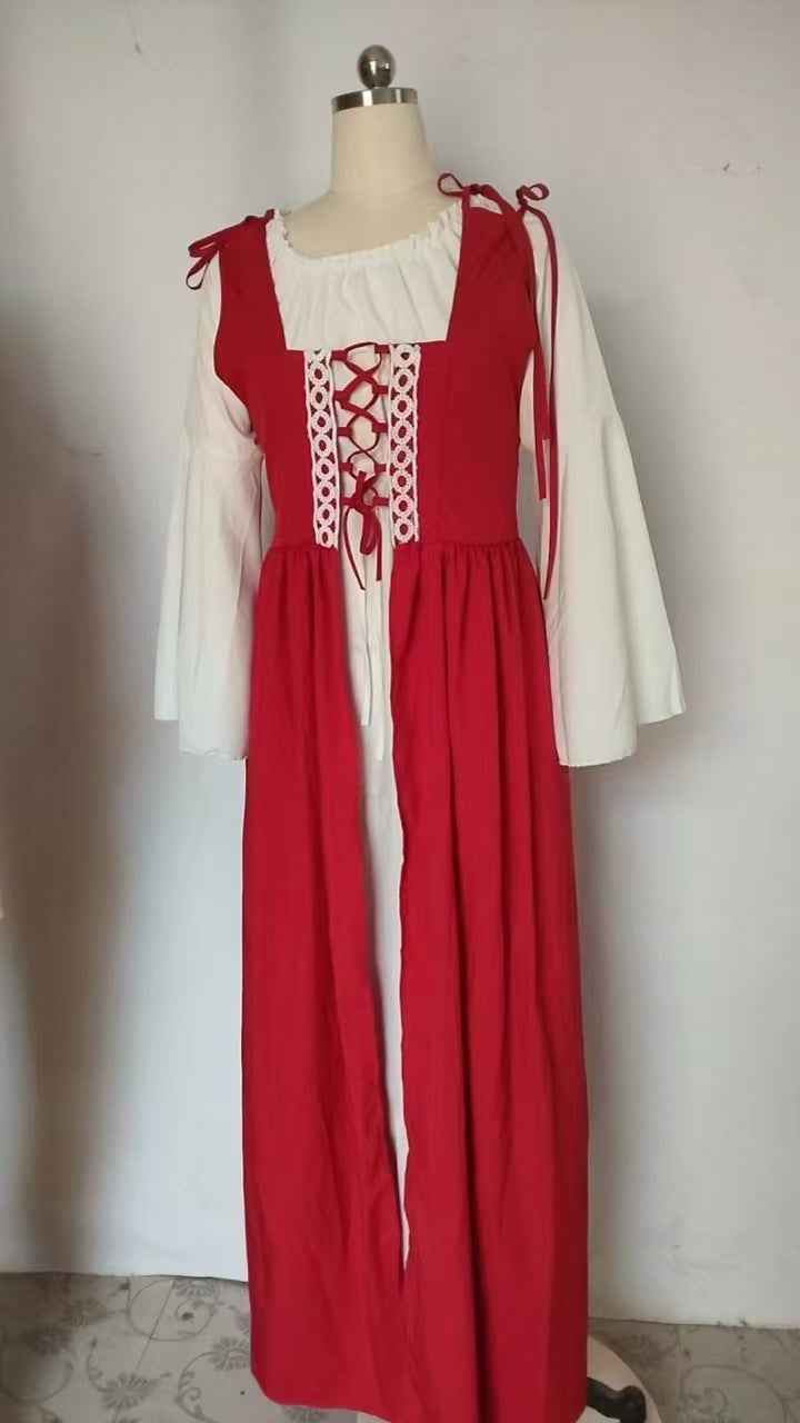 [Elegant Medieval Costume] Elegant Women's Medieval Two-Piece Costume - Renaissance Drama Outfit with Corset-like Bodice & Long Flowing Skirt | Halloween, Renaissance Faire, Themed Parties | Burgundy/White, Black/White, Green