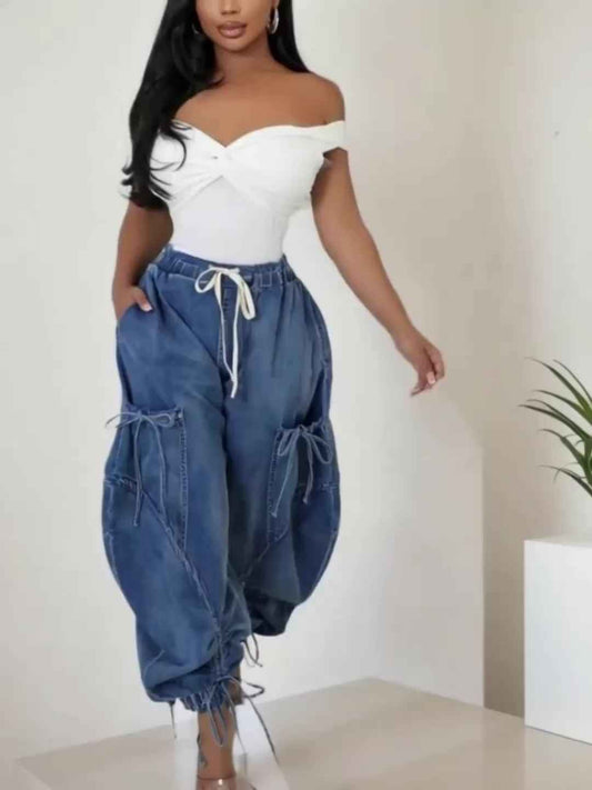 Womens Baggy Jeans Women'S Fashionable Drawstring Lace-up