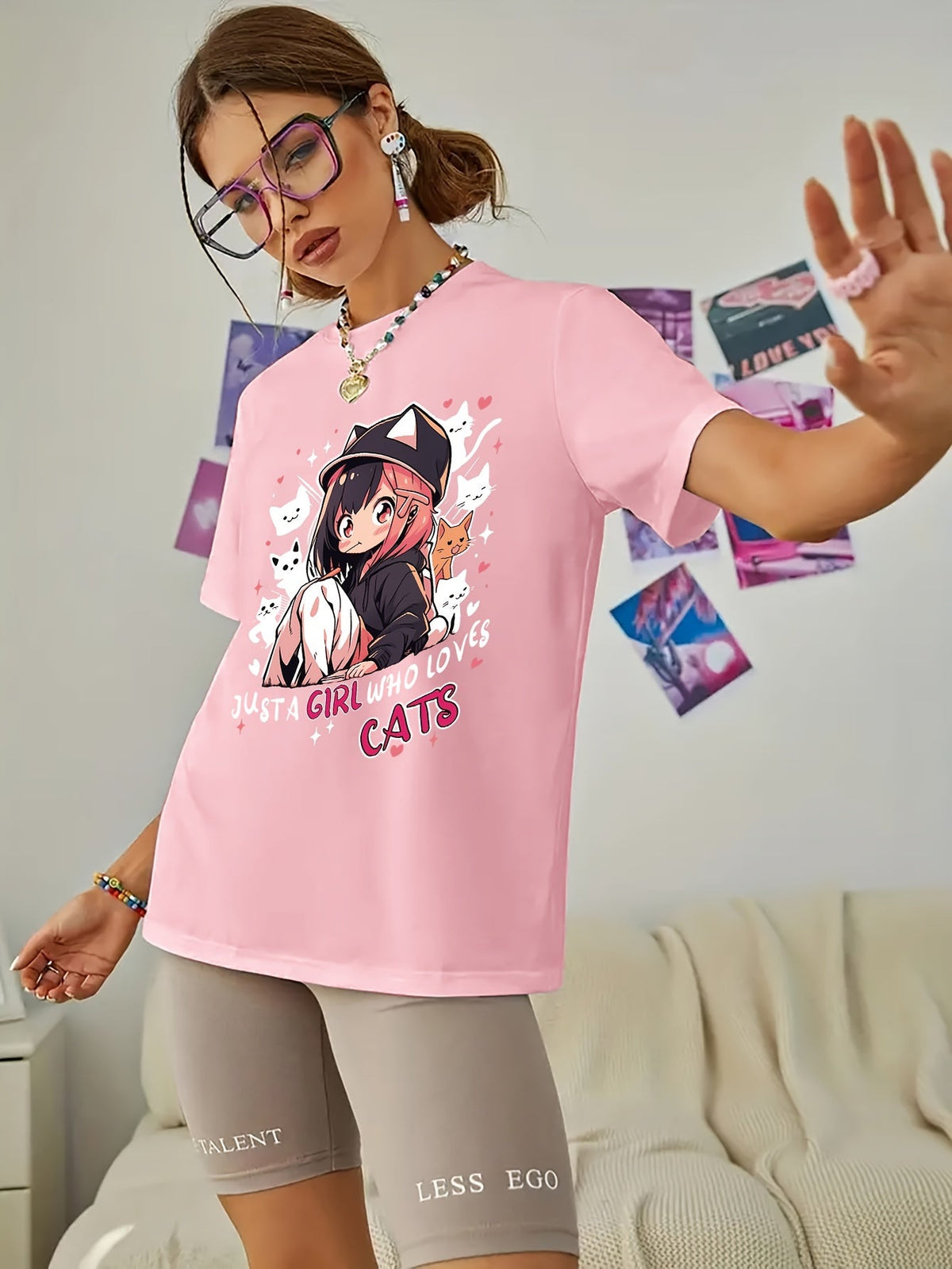 Anime Print T-shirt, Casual Short Sleeve Crew Neck Top For Spring & Summer, Women's Clothing SS69