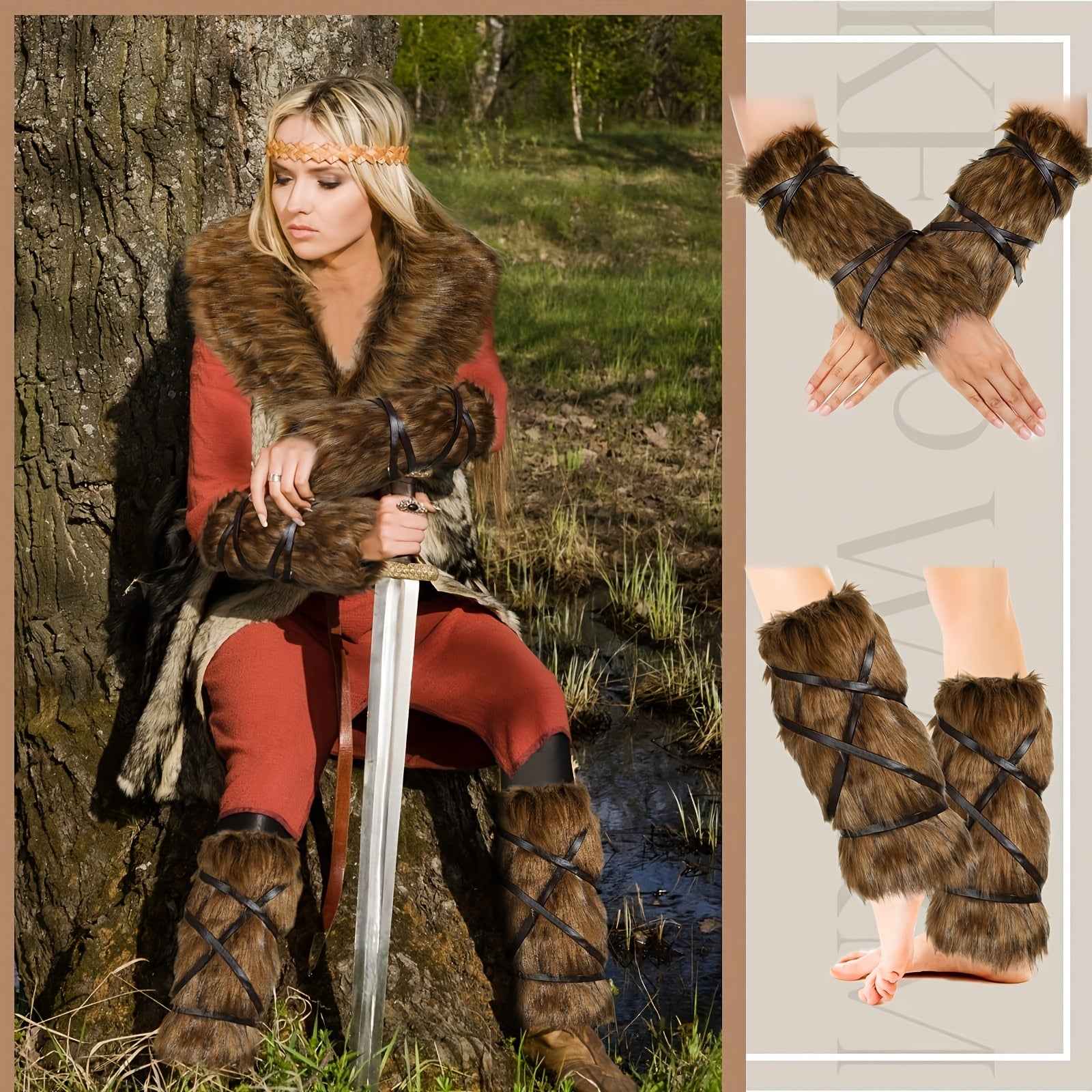 Ancient Warrior, Viking-Inspired Costume Set - 11pcs With Faux Fur Collar, Belt, Medieval Pouch, Leg & Hand Warmers For Halloween Party, Halloween Costumes