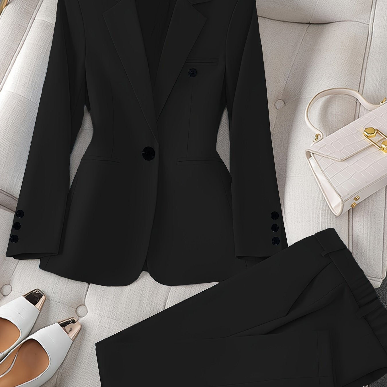 Women'S Casual Two-Piece Set, Fashionable Business Style, Solid Color, Long Sleeve, Polyester, with Lapel Collar, and Pants, for All Seasons SS69 57.69 Black / XXL