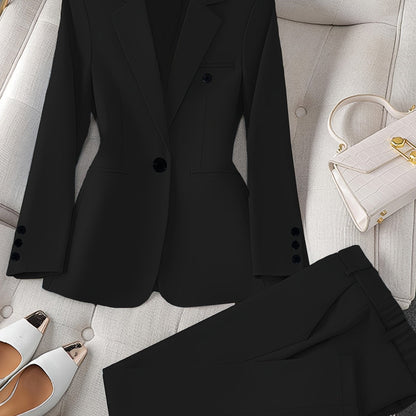 Women'S Casual Two-Piece Set, Fashionable Business Style, Solid Color, Long Sleeve, Polyester, with Lapel Collar, and Pants, for All Seasons SS69 57.69 Black / XS