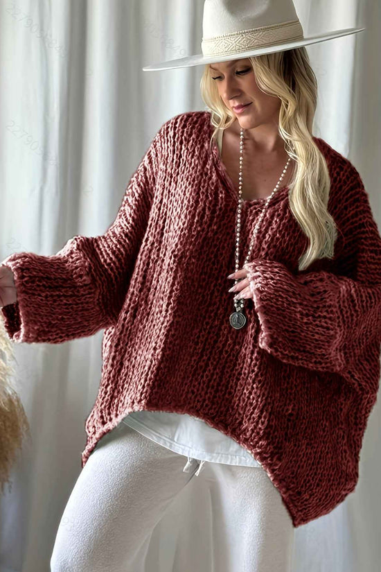 Plus Size, Women's Plus Size Oversized V-Neck Sweater - Winter Warm Solid Color Pullover, Elegant Casual Loose Fit Sweaters for Fall/Winter Layering, Hand Washable Cozy Blouse