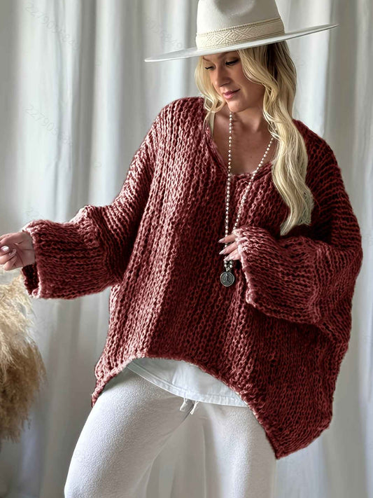 Plus Size, Women's Plus Size Oversized V-Neck Sweater - Winter Warm Solid Color Pullover, Elegant Casual Loose Fit Sweaters for Fall/Winter Layering, Hand Washable Cozy Blouse
