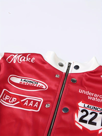 Women's Trendy Streetwear Letter Print Cropped Bomber Jacket - Red & White Casual Zip-Up with Graphic Design, Lightweight Polyester Blend for All Seasons, Fashion Forward Clothing | Trendy Casual Jacket | Polyester Blend Jack SS69