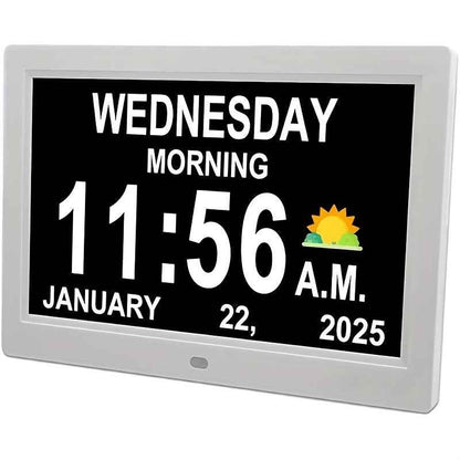 Large Digital Clock Designed for Seniors with Dementia, Featuring a Calendar Display, Alarms, And Functions As a Wall Clock Showing Day And Date. It Also Serves As an Alarm Clock, Desk Clock, Electronic Photo Frame, And Suppo