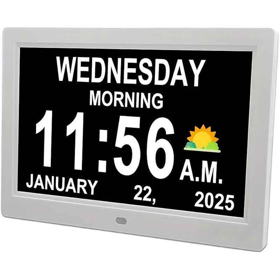 Large Digital Clock Designed for Seniors with Dementia, Featuring a Calendar Display, Alarms, And Functions As a Wall Clock Showing Day And Date. It Also Serves As an Alarm Clock, Desk Clock, Electronic Photo Frame, And Suppo