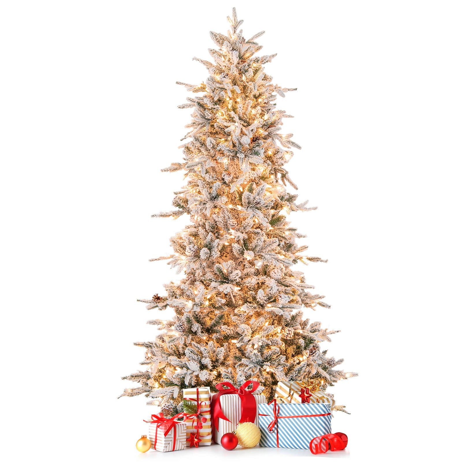 COSTWAY 6/7.5 FT Pre-Lit Artificial Christmas Tree, Snow-Flocked Hinged Xmas Tree w/ 715/1107 Branch Tips, Natural Pinecones, 210/350 Warm-White Incandescent Lights, Metal Stand, Xmas Holiday Office Home Decor SS69 178.69 7.5 FT