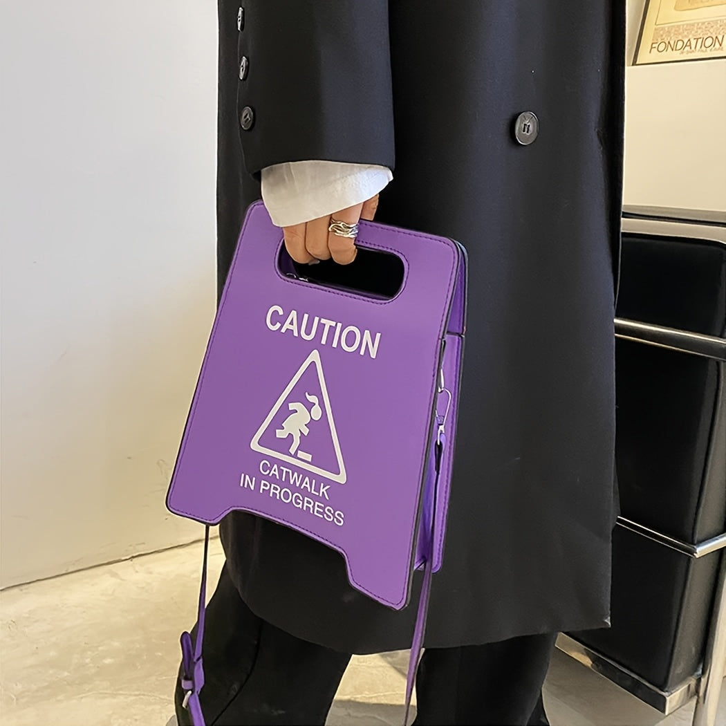 Chic Black Faux Leather Novelty Shoulder Bag - Fashionable Caution Sign Tote with Detachable Strap, Zip Closure for Women SS69 14.69 Purple