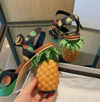 Women's Pineapple Print Platform Sandals - Thick Sole Super High Heels with Ankle Strap Closure, Open-Toe Summer Party Shoes in Pink & Green, Durable Fabric Upper & Rubber Sole for Dressy Occasions, Beachwear, Themed Events -