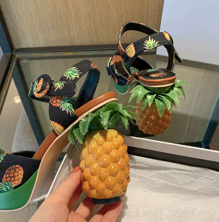 Women's Pineapple Print Platform Sandals - Thick Sole Super High Heels with Ankle Strap Closure, Open-Toe Summer Party Shoes in Pink & Green, Durable Fabric Upper & Rubber Sole for Dressy Occasions, Beachwear, Themed Events -