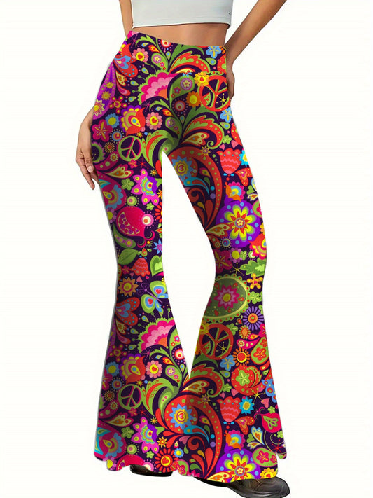 Women's High-Waisted Flared Pants - Stretchy Floral bell-bottoms with Elastic Waist, Non-See-Through Fabric for Parties, Everyday & Formal Events - Machine Washable All-Season Trousers, Party Attire, Comfortable Fit, Versatil