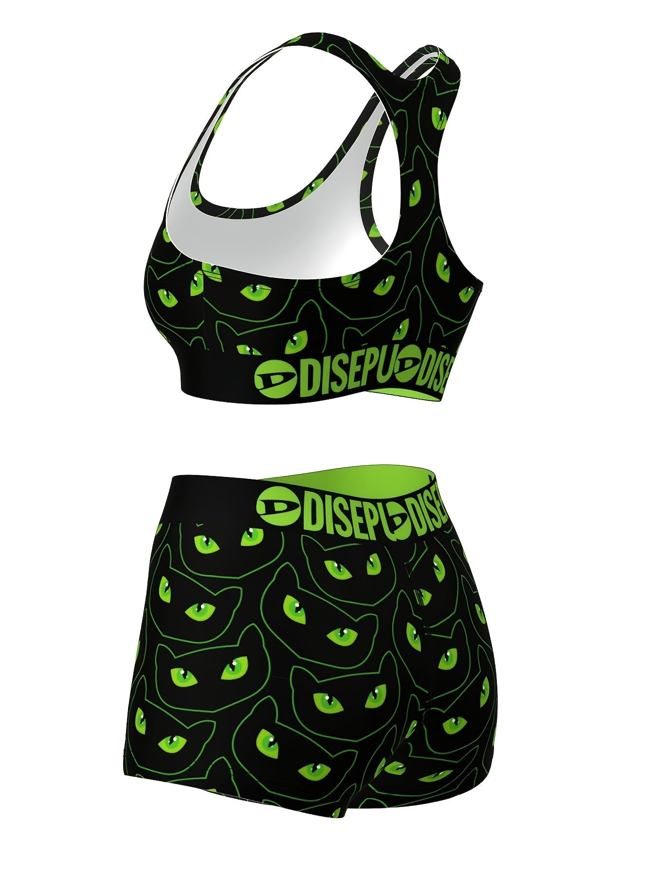 [Comfort Fit Yoga Running Shorts Set] Women's Trendy Cartoon Cat Print High-Stretch Breathable Sports Bra & Shorts Set - Comfort Fit, Shockproof for Yoga, Running & Swimming, Fitness Essentials SS69