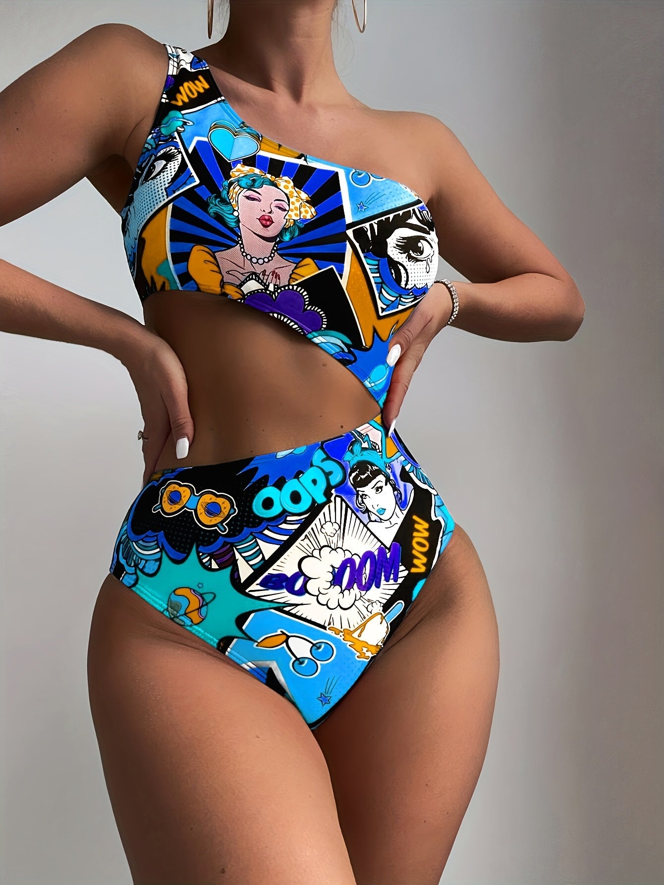 Women'S Vibrant One-Shoulder Swimsuit with Colorful Cartoon Characters - High Stretch, Asymmetrical Design, Perfect for Beach and Pool, Pool Swimsuit|Playful Design|One Shoulder Swimsui SS69