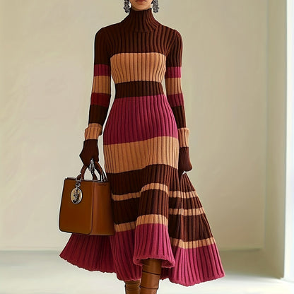 [Stylish Dress] Stylish Women's Color-Block Dress | High Neck Turtleneck Long Sleeve with Ribbed Texture, Striped Pattern in Brown Pink White Black, Flared Skirt & Pockets for Fall Winter Outfits, Sophisticated Craftsmanship, SS69 35.69 XXL / Mixed Color