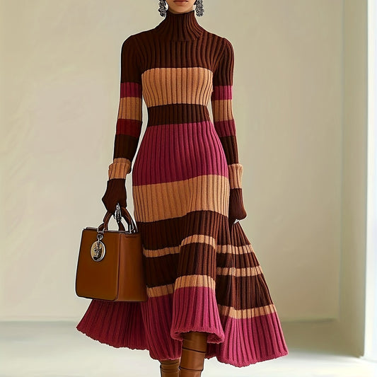 [Stylish Dress] Stylish Women's Color-Block Dress | High Neck Turtleneck Long Sleeve with Ribbed Texture, Striped Pattern in Brown Pink White Black, Flared Skirt & Pockets for Fall Winter Outfits, Sophisticated Craftsmanship, SS69 35.69 XXL / Mixed Color