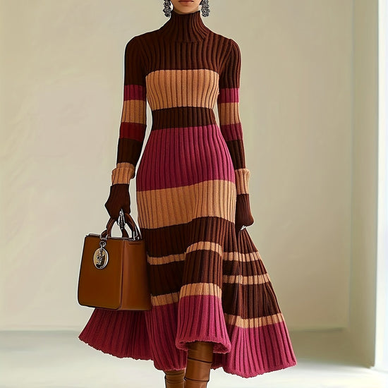 [Stylish Dress] Stylish Women's Color-Block Dress | High Neck Turtleneck Long Sleeve with Ribbed Texture, Striped Pattern in Brown Pink White Black, Flared Skirt & Pockets for Fall Winter Outfits, Sophisticated Craftsmanship, SS69 35.69 XXL / Mixed Color