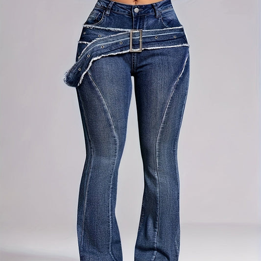 Plus Size Medium Stretch Vintage Style 1pc Flare Leg Jeans for Women, Polyester Blend, Raw Hem Detail, All-Season Solid Color Woven Denim with Decorative Belt Loops SS69 38.69 Deep Blue / 3XL