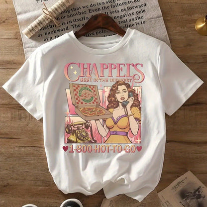 Women's Retro "CHAPPEL'S" Graphic Tee - Vintage 1950s Pin-Up Design, Short Sleeve Crew Neck, Lightweight Polyester Blend, Casual Summer & Spring Top, Machine Washable SS69 20.69 White / XXL