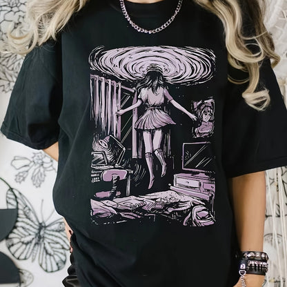 Retro Art Multiverse Graphic T-Shirt for Women, Casual Round Neck Short Sleeve, Vibrant Digital Print, Spandex & Polyester Blend, Machine Washable, All-Season Comfort, Surreal Artwork Design, Casual Wear Tshirt | Unique Fashi - SS69