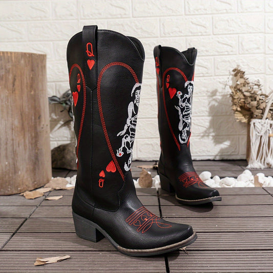 Vintage Style Comfortable Chic Women's Embroidered Western Cowboy Boots - Square Toe, Chunky Heel, Slip-On, Faux Cover for All Seasons SS69 43.69 US 8 / Black