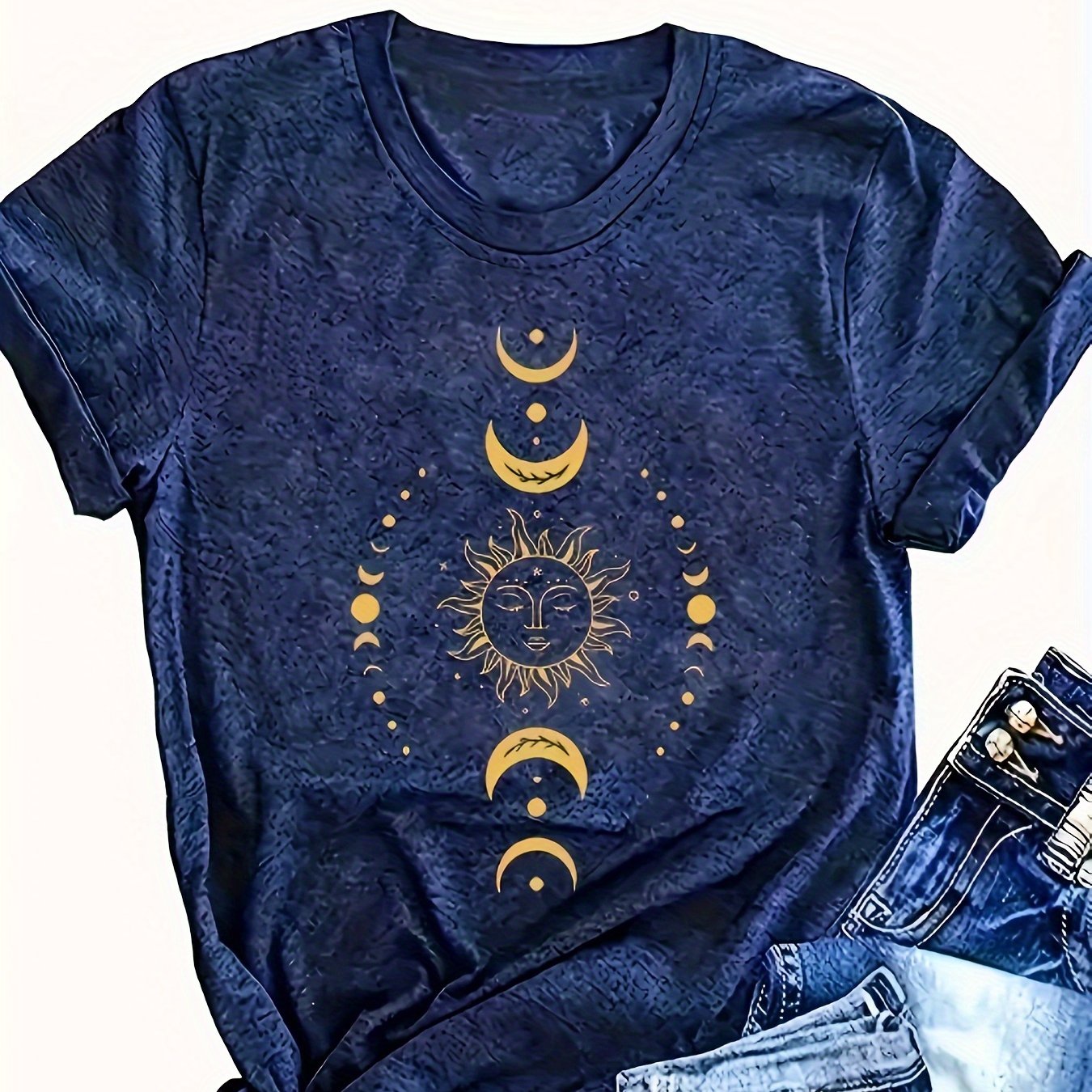 [Tee] Soft Women'S Navy Graphic Tee Casual Round Neck Short Sleeve-Shirt, Moon& Stars Design, Casual Attire SS69 13.69 Navy Blue / XXL
