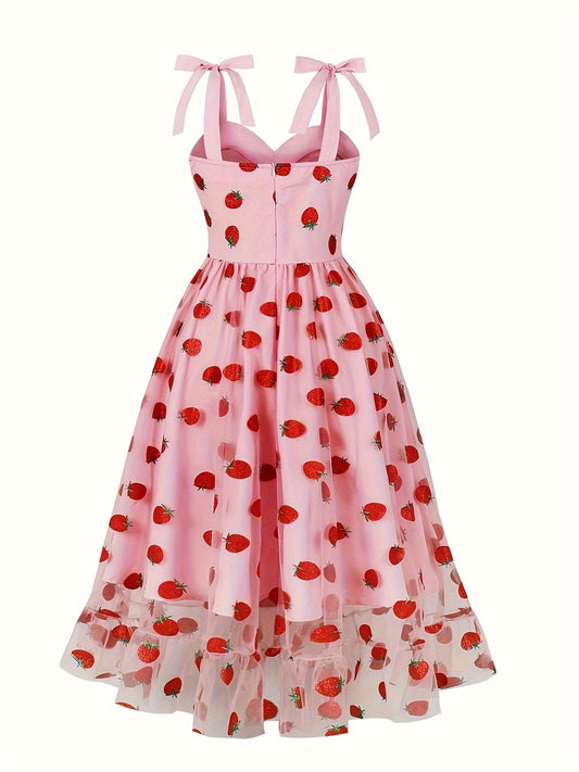 Women's 1950s Retro Vintage Dress Adjustable Spaghetti Straps Mesh Strawberry Swing Dress Cocktail Dress SS69