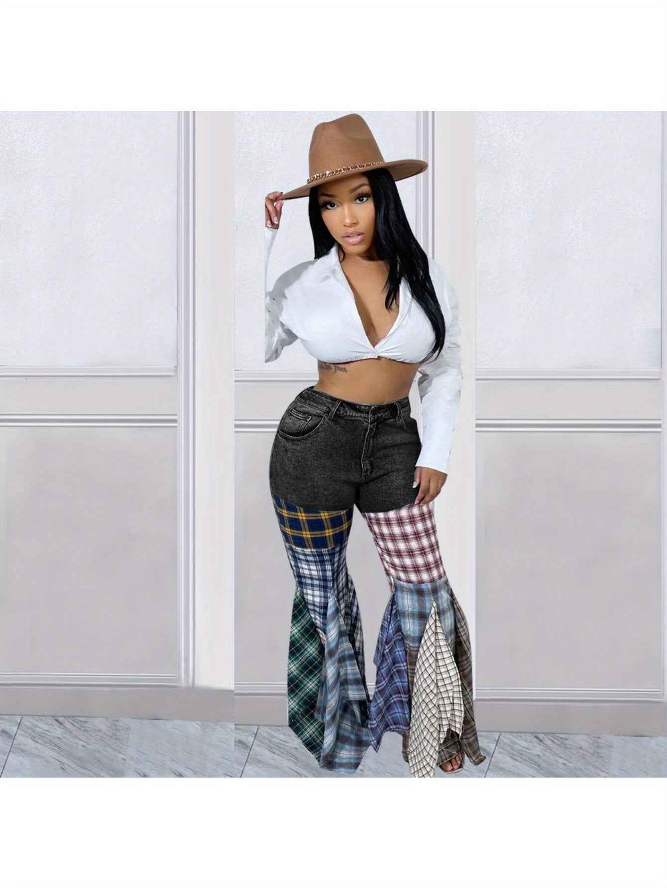 Denim Trousers for Women with a Houndstooth Pattern, Featuring Flared Legs And Ruffles.