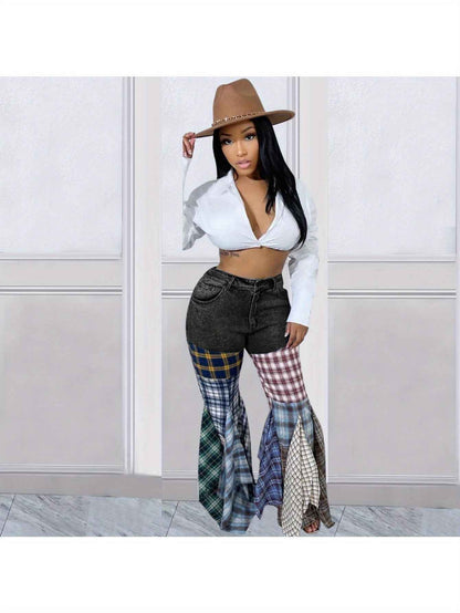 Denim Trousers for Women with a Houndstooth Pattern, Featuring Flared Legs And Ruffles.