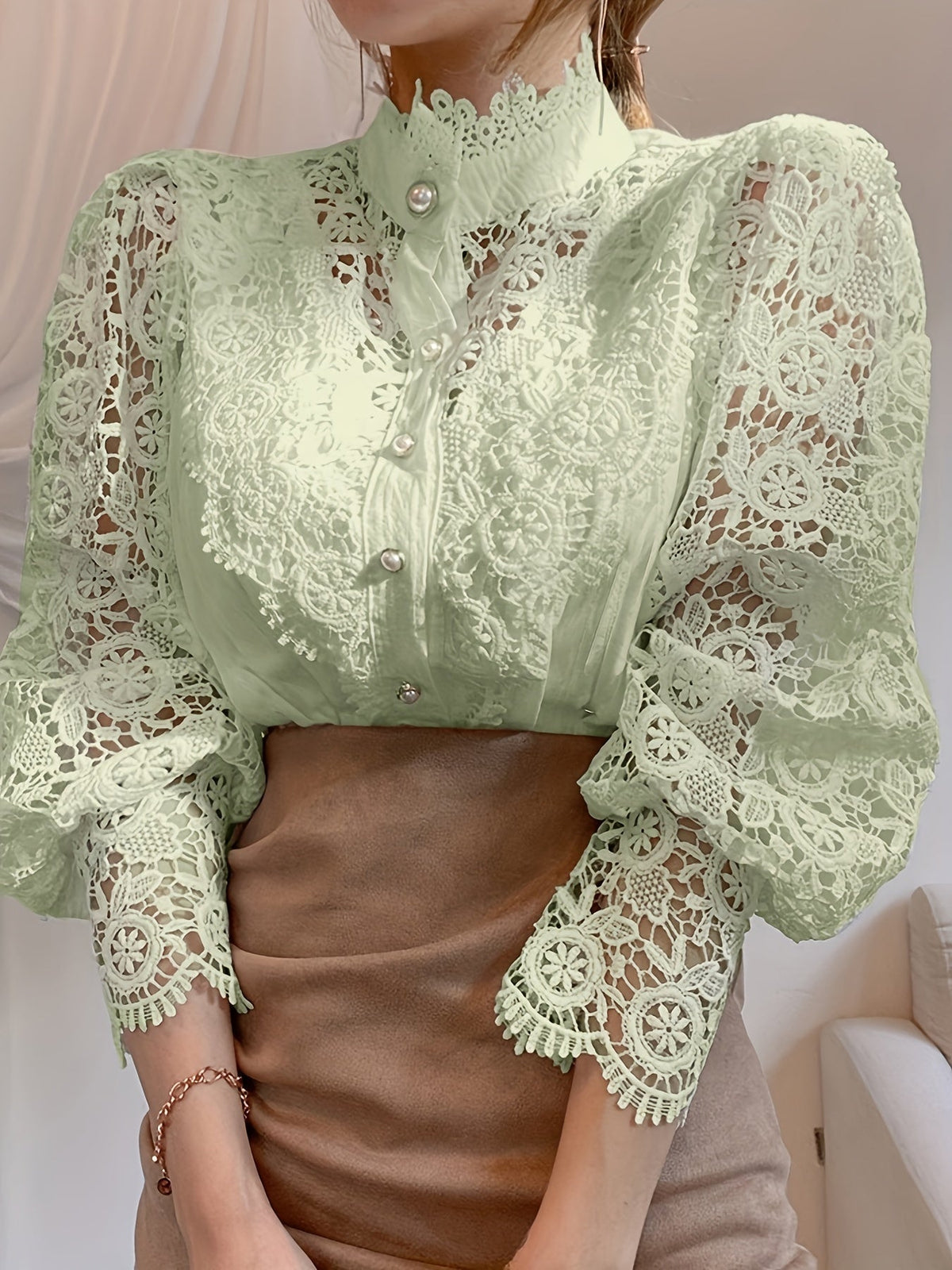 [Pearl Button Blouse] Pearl Button Elegant Victorian-Inspired Lace Blouse - Long Sleeve Mock Neck Green Polyester Pleated Design for Women, Perfect for Halloween Cosplay & Gothic Fashion SS69