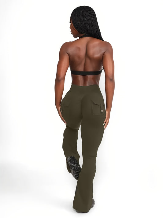 Full Of Elasticity Slim Fit Women's Pocket Yoga Pants - High Waist, Wide Legs, Solid Color, With Phone Pocket - SS69