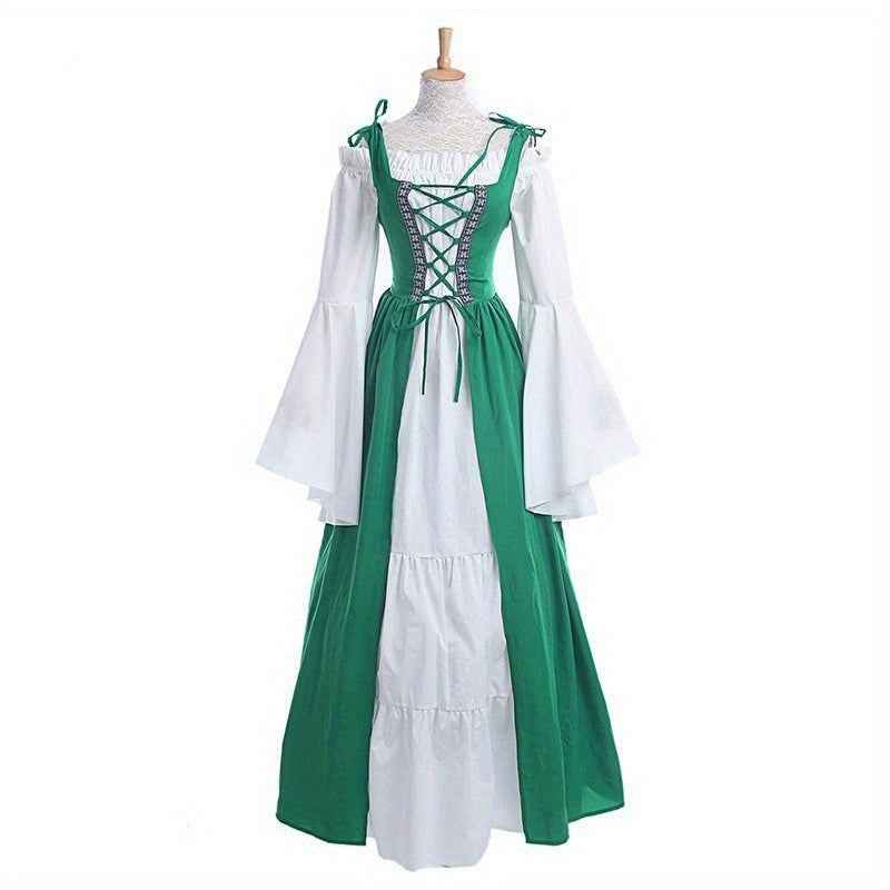 [Elegant Medieval Costume] Elegant Women's Medieval Two-Piece Costume - Renaissance Drama Outfit with Corset-like Bodice & Long Flowing Skirt | Halloween, Renaissance Faire, Themed Parties | Burgundy/White, Black/White, Green