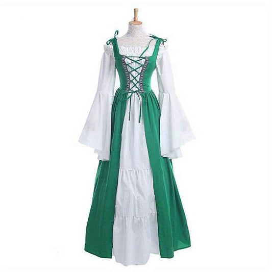 [Elegant Medieval Costume] Elegant Women's Medieval Two-Piece Costume - Renaissance Drama Outfit with Corset-like Bodice & Long Flowing Skirt | Halloween, Renaissance Faire, Themed Parties | Burgundy/White, Black/White, Green