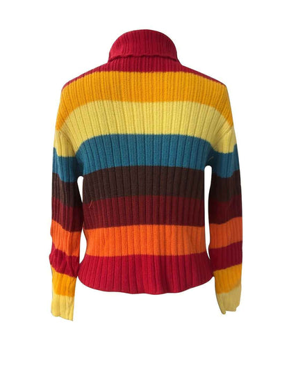 Y2K Retro Sweater, Multicolor Horizontal Striped Gothic Punk Rock Rainbow, Winter Warm Collar Long Sleeve Coat, Machine Washable Layered Outfit, Pink/Blue/Yellow/Black/Brown