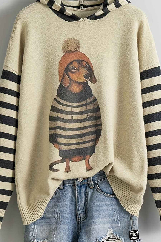 [Cute Sweater] Cute Dachshund Dog Plus Size Women's Casual Round Neck Long Sleeve Sweater | 3D Digital Print, Navy Blue, Cozy Fall Winter Top, Dog Sweater, Winter Comfort Clothing, Texture