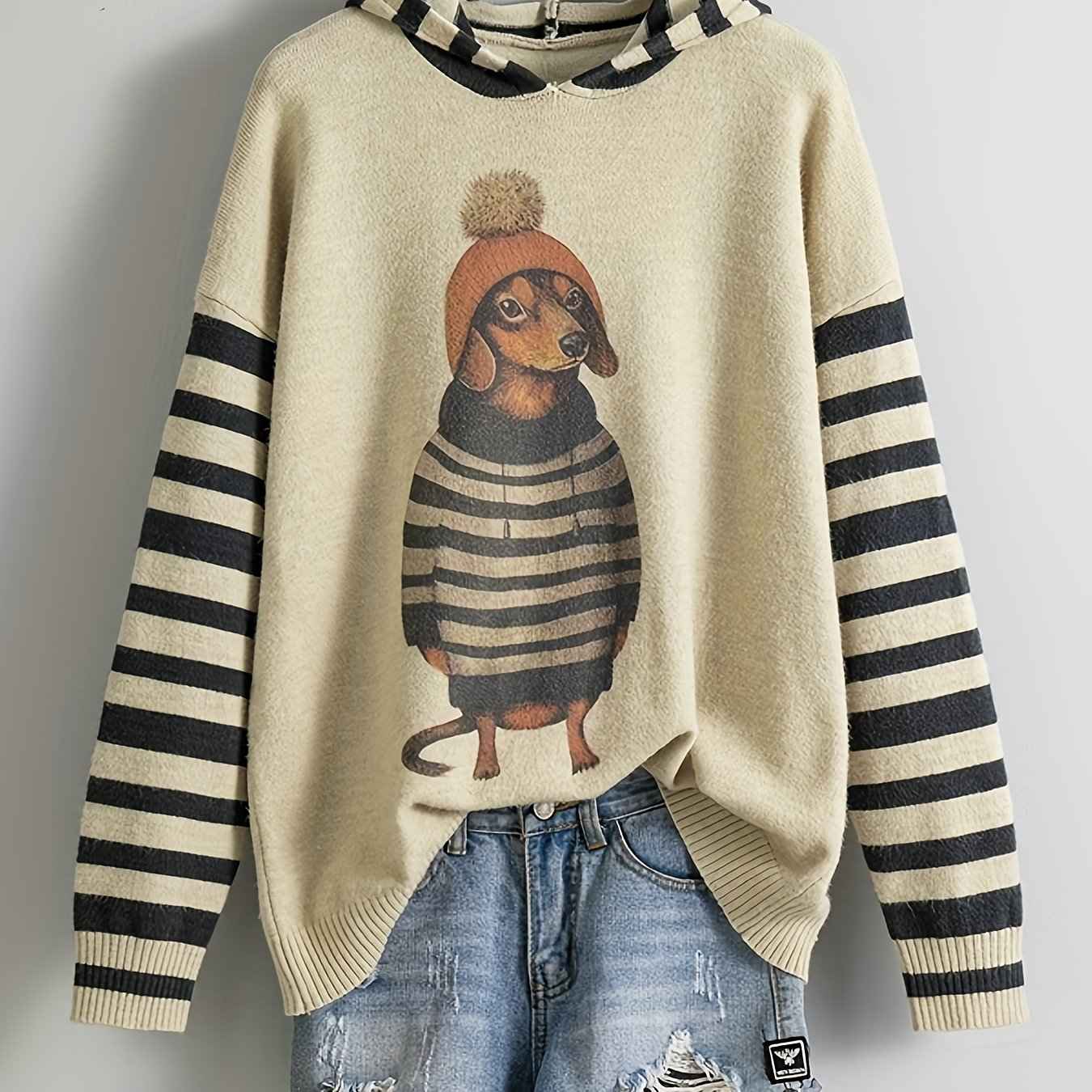 [Cute Sweater] Cute Dachshund Dog Plus Size Women's Casual Round Neck Long Sleeve Sweater | 3D Digital Print, Navy Blue, Cozy Fall Winter Top, Dog Sweater, Winter Comfort Clothing, Texture