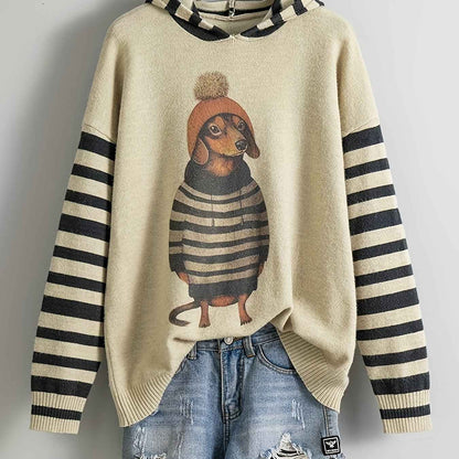 [Cute Sweater] Cute Dachshund Dog Plus Size Women's Casual Round Neck Long Sleeve Sweater | 3D Digital Print, Navy Blue, Cozy Fall Winter Top, Dog Sweater, Winter Comfort Clothing, Texture