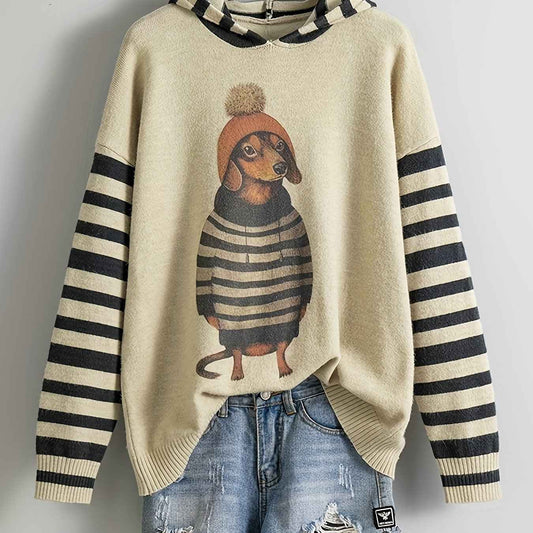 [Cute Sweater] Cute Dachshund Dog Plus Size Women's Casual Round Neck Long Sleeve Sweater | 3D Digital Print, Navy Blue, Cozy Fall Winter Top, Dog Sweater, Winter Comfort Clothing, Texture