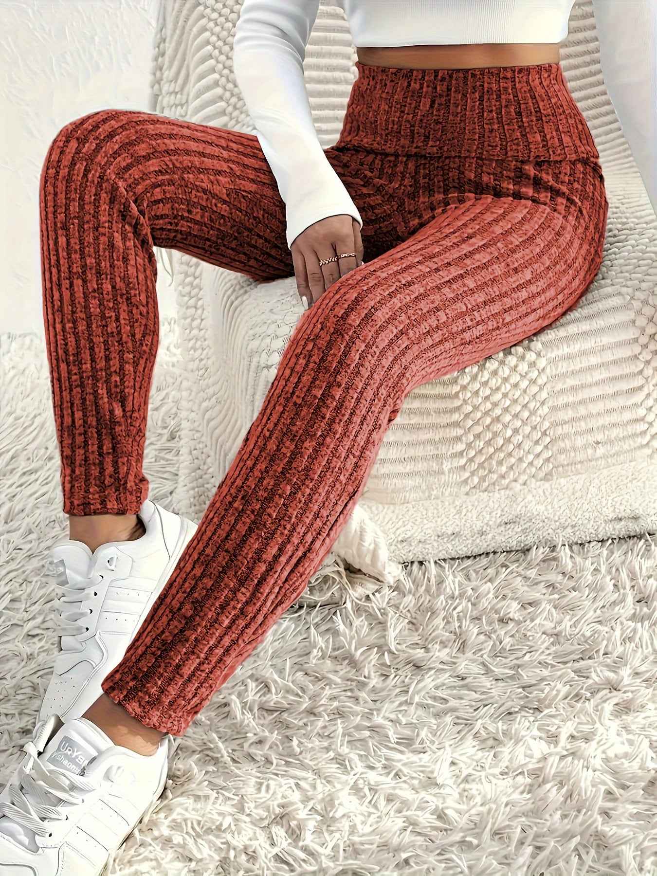 1pc Plus Size High Waist Solid Color Knit Leggings, Casual Stretchy Slimming Tights for Women, Polyester Knitted Fabric, Autumn/Winter Season