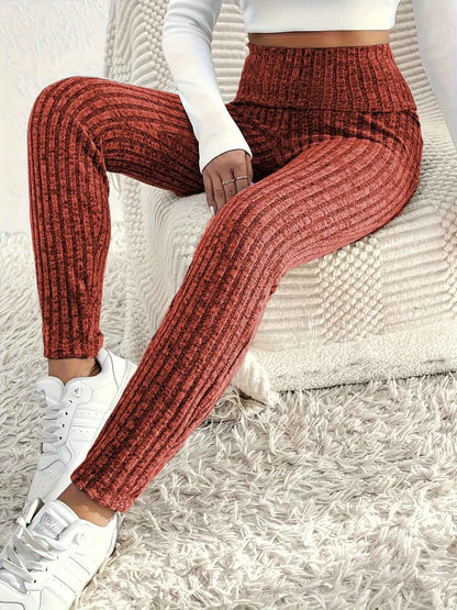 1pc Plus Size High Waist Solid Color Knit Leggings, Casual Stretchy Slimming Tights for Women, Polyester Knitted Fabric, Autumn/Winter Season
